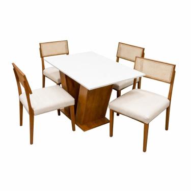Imagem de Mesa de Jantar Classic 120x80cm com Vidro e 4 Cadeiras Grecia em Linho Madeira Cel Móveis Cor Cinamomo Off White com Tecido Bege