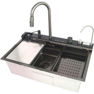 Imagem de Kit Cuba Inteligente com Cesto Torneira Filtro Dispenser de Sabão Lavador de Copos e Tábua Preto