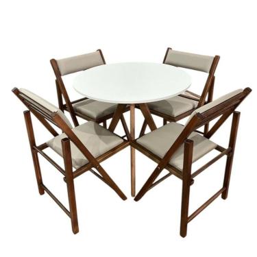 Imagem de Conjunto Mesa Redonda Com 4 Cadeiras Dobráveis Estofadas Castanho