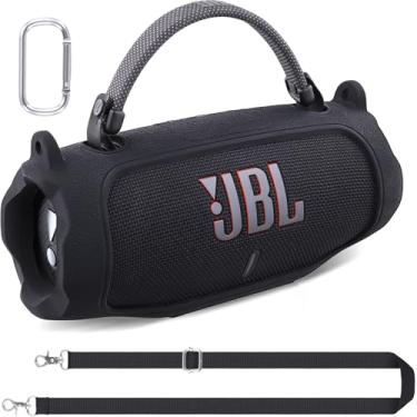 Imagem de co2CREA Capa de silicone para alto-falante Bluetooth JBL Charge 6 portátil, impermeável, capa macia de viagem com alça de ombro, capa protetora para pele (preto)