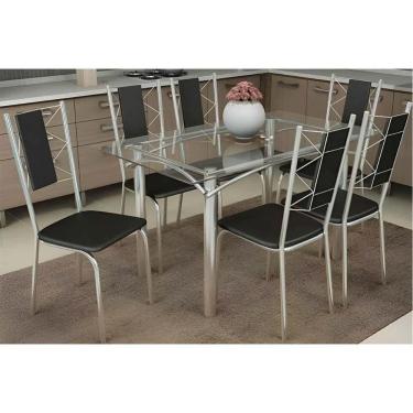 Imagem de Conjunto de Jantar Elba 6 Lugares Tampo de Vidro com Cadeiras Lisboa Courano Preto 120CM Kit