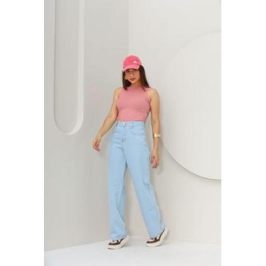 Imagem de Calça jeans wide leg lisa feminina perna larga - Kf, Azul claro, 40