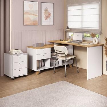 Imagem de Kit Home Office Completo Escrivaninha Mesa Escritório em L Gold com Gaveteiro Espresso Móveis Olmo/Branco
