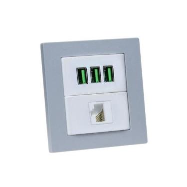 Imagem de Espelho Duplo Reto 3 USB 5.2A 1 RJ-45 - CONNECT CAIXA TOMADA, Cinza