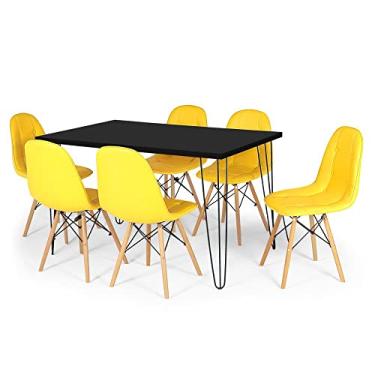 Imagem de Conjunto Mesa de Jantar Hairpin 130x80 Preta com 6 Cadeiras Eiffel Botonê - Amarelo