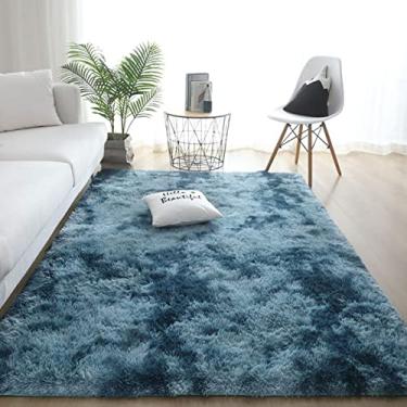 Imagem de Tapetes de área felpudos macios modernos para ambientes internos, tapete de área de acento de berçário de pelúcia antiderrapante, tapete felpudo de pele sintética peludo para sala de estar decoração de casa tingido azul escuro 82 x 163 cm