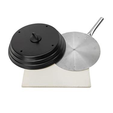 Imagem de Kit Pizza Para Churrasqueira Com Pá de Pizza Alumínio Pedra Refratária Quadrada 40x40cm e Abafador (Preto)