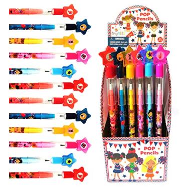 Imagem de TINYMILLS 24 peças de líderes de torcida multipontos empilháveis empurrar lápis sortidos com borracha para lembrancinhas de festa recheios de sacolas de presente VBS Classroom Rewards Pinata Fillers Prize