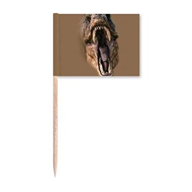 Imagem de Dinossauro tiranossauro Rex abre a boca dentes palito bandeiras marcadoras decoração de festa