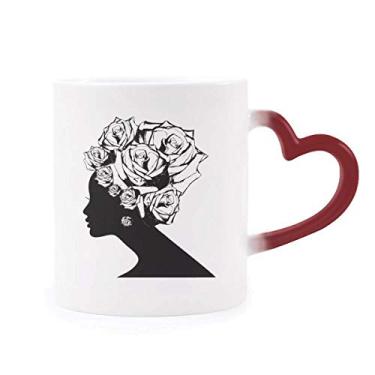 Imagem de Caneca feminina rosa preta e branca flor planta sensível ao calor copo de grés muda de cor vermelha