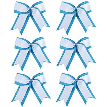 Imagem de 20 cm, 2 cores, 2 camadas, 6 peças, laço de líder de torcida, suporte de rabo de cavalo, laços de torcida, laço elástico para cabelo para torcida de colégio, Light blue/White