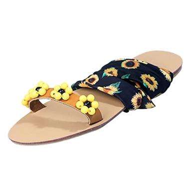 Imagem de Sandálias femininas elegantes de verão respiráveis sandálias de verão bico boêmio primavera feminina plana e flor (amarelo, 37)