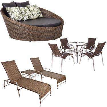 Imagem de  Kit 4 Cadeiras E Mesa 2 Espreguiçadeiras 1 Chaise Alumínio Trama