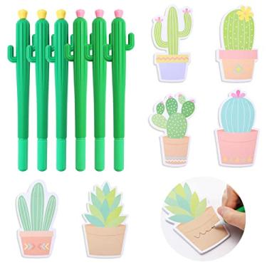 Imagem de Whaline 12 canetas rolantes em forma de cacto com notas adesivas de cacto, canetas de tinta de gel de cacto, caneta neutra para escrita de plantas suculentas para casa, escola, escritório, suprimentos domésticos