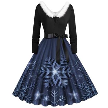 Imagem de Vestido feminino outono/inverno Natal estampado manga longa gola casual vestido justo, Azul marino, XXG