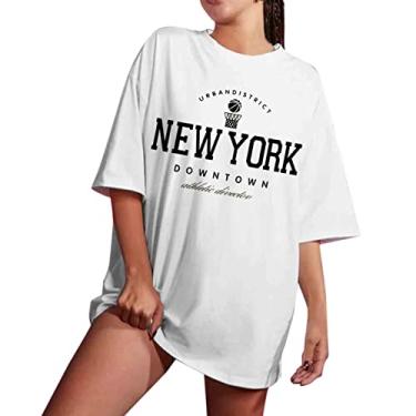 Imagem de Nova York – Camiseta vintage oversized para mulheres pulôver camisa de manga curta ombro caído Tops de verão Meninas feminina feminino gola Cidade 1998 1898 PRAÇA DE TES L34-Branco Small