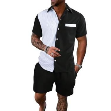 Imagem de Floerns Conjunto masculino de duas peças, camisa estampada e shorts de cintura com cordão, Preto, branco, creme, P