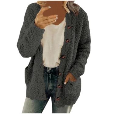 Imagem de Casaco feminino de ovelha com botões e manga comprida, cor sólida, agasalho, plus size, casaco casual de inverno, Cinza escuro, M