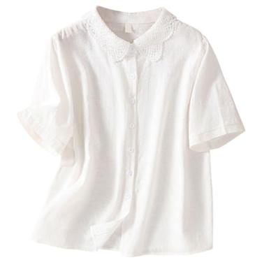 Imagem de ZHONKUI Blusas femininas jacquard renda lapela gola manga curta botões blusas linho primavera verão 2024, Branco, XXG