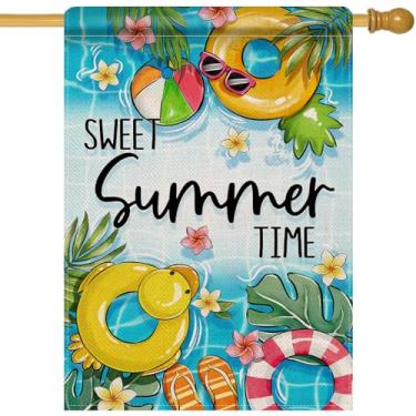 Imagem de Artofy Sweet Summer Time Piscina Grande Decorativa Bandeira de Casa, Bola de Natação de Pato, Folhas de Palmeira Tropical, Jardim, Decoração Externa, Chinelos, Sazonal, Serapilheira, Exterior,