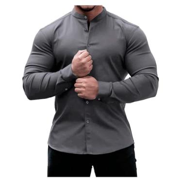 Imagem de Camisa masculina casual cor sólida abotoada atlética gola alta slim fit manga longa, Cinza escuro, G