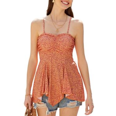 Imagem de GRACE KARIN Camisetas femininas de verão com alças finas, floral, sem mangas, bainha irregular, Laranja floral, G