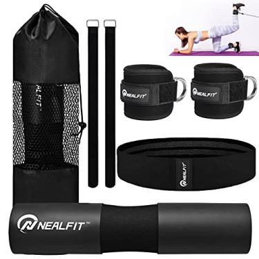 Imagem de NEALFIT Conjunto de almofada de barra para agachamentos, estocados e impulsos de quadril, almofada protetora de pescoço e ombro, barras olímpicas padrão com 2 tiras de tornozelo de academia, faixa de resistência ao quadril, almofada de barra, bolsa de transporte (preto)