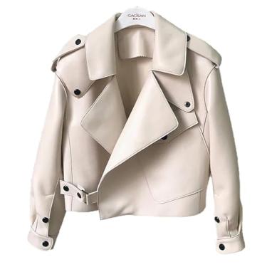 Imagem de Jaqueta de couro retrô primavera outono macia lapela solta casaco curto chique um botão motociclista roupas grandes, Branco, M(Bust:104cm)
