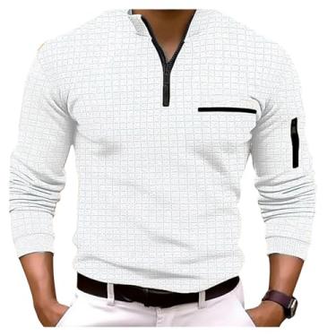 Imagem de Camisa polo masculina estampa xadrez cor sólida pulôver zíper bolso gola alta camisa clássica, Branco, XG