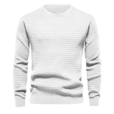 Imagem de Suéter masculino de gola redonda fina camada base pequena malha quadrada pulôver camada base cor sólida, Branco, P