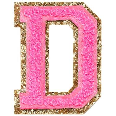 Imagem de 3 Pçs Chenille Letter Patches Ferro em Patches Glitter Varsity Letter Patches Bordado Borda Dourada Costurar em Patches para Vestuário Chapéu Camisa Bolsa (Rosa, D)