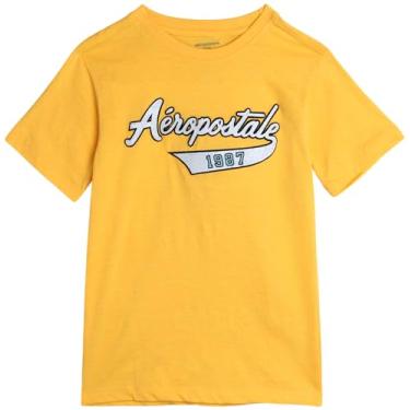 Imagem de AEROPOSTALE Camiseta para meninos - Camiseta infantil de algodão de manga curta - Camiseta clássica com gola redonda estampada para meninos (4-16), Dourado, 10-12