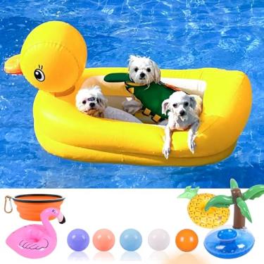 Imagem de KUCDBUN Conjunto de boia de piscina para cães – jangada com tigela dobrável, brinquedos aquáticos não tóxicos para cães pequenos, filhotes e cachorrinhos, pato amarelo