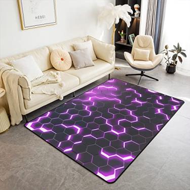 Imagem de Tapete moderno de favo de mel roxo neon claro geométrico xadrez antiderrapante para adolescentes adultos abstrato simples preto hexagonal grade tapete de chão interno para quarto sofá escritório 15 x