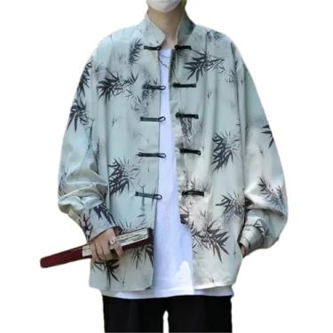 Imagem de Camisa masculina de manga comprida estilo chinês gola alta seda gelo fino verão camisa casual, Damasco, PP