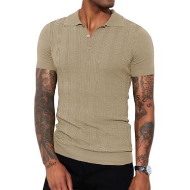 Imagem de Runcati Camisa polo masculina de malha de cor sólida slim fit manga curta casual leve texturizada golfe camisa polo, Caqui, GG