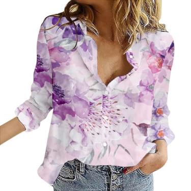 Imagem de Camiseta feminina com estampa floral, manga comprida, gola V, abotoada, caimento solto, casual, elegante, para férias, Roxa, P