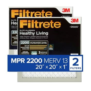 Imagem de Filtrete 50 x 50 x 20 x 1, filtro de ar para fornalha AC, MPR 2200, Healthy Living Elite Allergen, pacote com 2 (dimensões exatas 50 x 50 x 0,78)