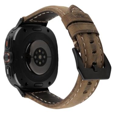 Imagem de WONJOY Pulseira de couro vintage compatível com Samsung Galaxy Watch 7 Ultra de 47 mm, pulseira de couro genuíno de grão superior para homens e mulheres (marrom vintage)
