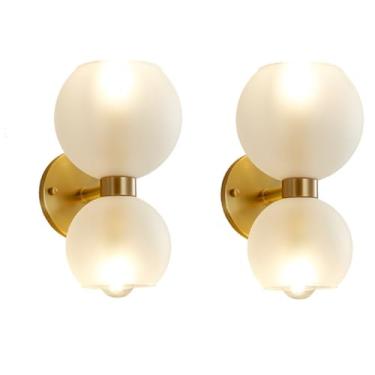 Imagem de TIYETA Conjunto de 2 arandelas de parede douradas Lâmpada de arandela de parede de vidro moderna Luz de toucador de banheiro Luminária de parede de latão para quarto,Gold 2