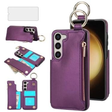 Imagem de Asuwish Capa de celular para Samsung Galaxy A14/M14 5G com protetor de tela de vidro temperado e suporte de celular com zíper RFID suporte para cartão carteira A 14 4G 14A 14M G5 feminina roxo escuro