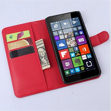 Imagem de Capa carteira Microsoft Lumia 640XL, capa carteira flip de couro PU premium com compartimento para cartão, suporte e fecho magnético [capa interior à prova de choque de TPU] Compatível com Microsoft