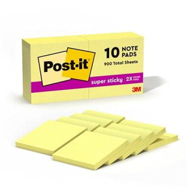 Imagem de Post-it Notas super adesivas, 7,6 x 7,6 cm, 10 blocos, 2X The Sticking Power, amarelo canário, reciclável (654-10SSCY)