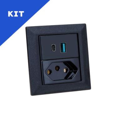 Imagem de Kit Espelho Duplo Chanfrado 1 Tomada 20A 2 USB 9.0A Preto - CONNECT CA