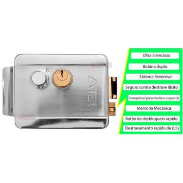 Imagem de Fechadura Sobrepor Cromado Eletrica 12V Reversivel C/ Botão Com Trava 