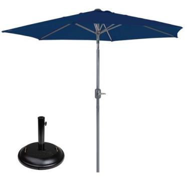 Imagem de Kit Ombrelone Alumínio Com Manivela Guarda Sol 2,4m Azul Base Redonda 