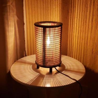 Imagem de Abajur Luminária Cilíndrico Cúpula Madeira E Fibra Bambu - Cl Decoraçõ