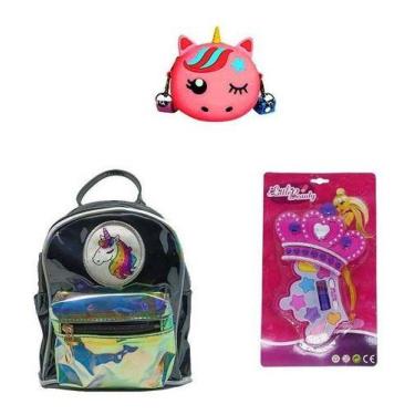 Imagem de Mochila Preta Unicórnio, Bolsa E Maquiagem Princesa Infantil - BD Net