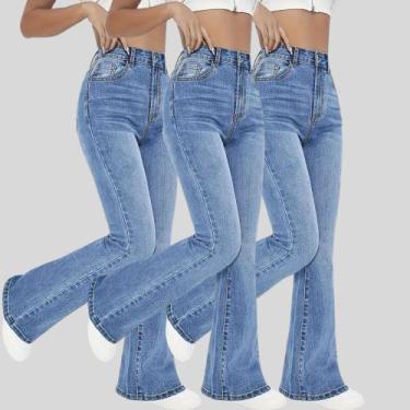 Imagem de KIT 3 Calças Flare Jeans Feminina Boca de Sino Cintura Alta Modeladora