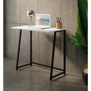 Imagem de escrivaninha pequena para notebook com pes de ferro tampo branco com p